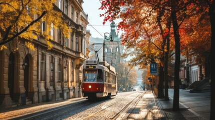 A tram in Autumn in the street of Prague with beautiful foliage. Czech Republic in Europe. - obrazy, fototapety, plakaty