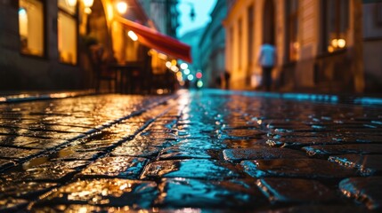 Low angle view of street with historical buildings in Prague city in Czech Republic in Europe.