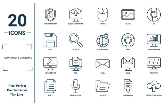 computer functions linear icon set. includes thin line cyber security, save, video editor, copy, cloud computing, placeholder, monitor icons for report, presentation, diagram, web design
