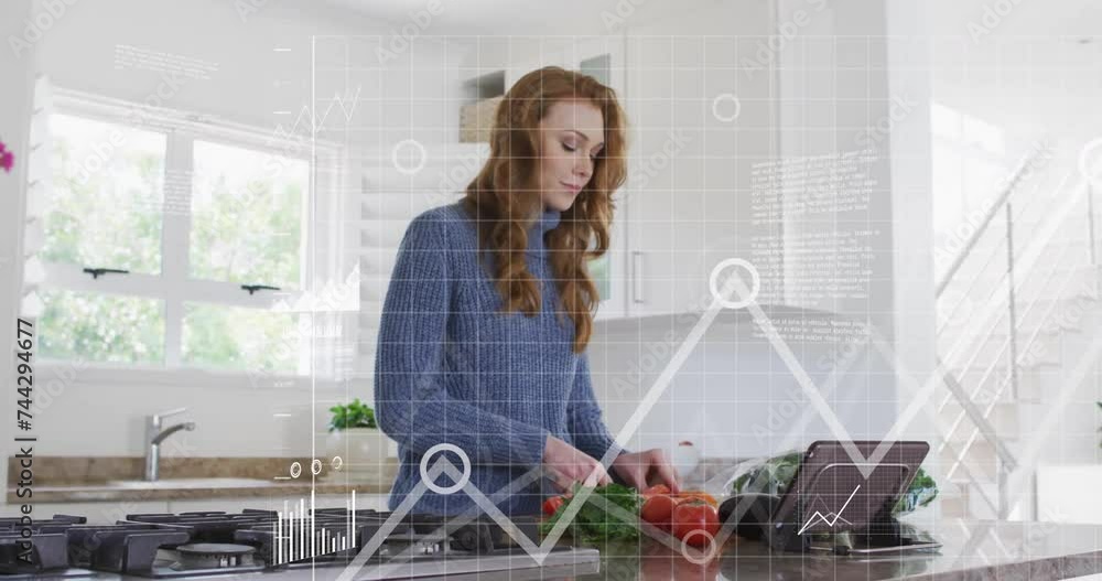 Poster animation of digital data processing over caucasian woman using tablet and chopping vegetables