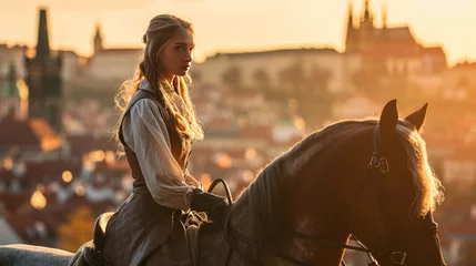 Gordijnen Lifestyle portrait of a beautiful Medieval lady on horseback in Prague city in Czech Republic in Europe. © Joyce