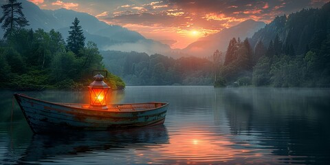 Solitary boat on calm lake with vintage lamp as dusk settles over mountains - obrazy, fototapety, plakaty