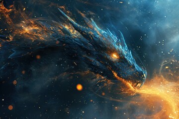 Powerful dragon flying in sky with clouds and fire flame.