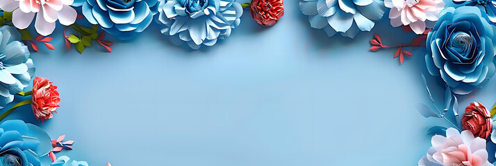 Background of blue paper flowers with empty space for text or greeting card design. Postcard for International Women's Day and Mother's Day. - obrazy, fototapety, plakaty