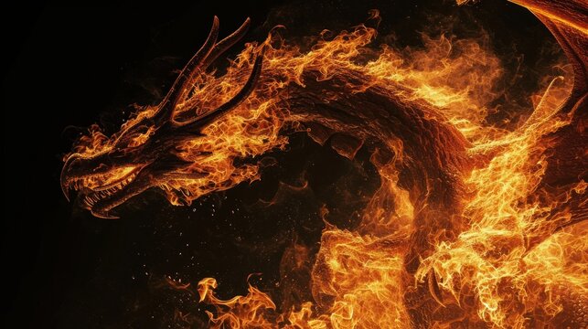A dragon made from fire and lights over black background.