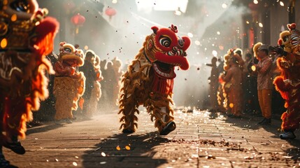Lion dance in street with firecrackers as the traditional Chinese folk event activities during Chinese lunar new year celebration. - obrazy, fototapety, plakaty