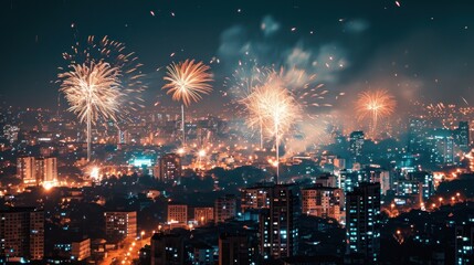 Beautiful fireworks show over city to celebrate Chinese lunar new year. - obrazy, fototapety, plakaty