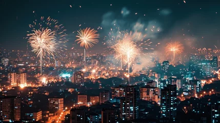 Foto op Plexiglas Beautiful fireworks show over city to celebrate Chinese lunar new year. © Joyce