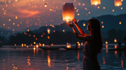 A graceful young lady release sky lantern to celebrate Chinese lunar new year. - obrazy, fototapety, plakaty