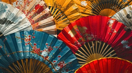 Colorful fans abstract pattern background for Chinese lunar new year celebration theme.