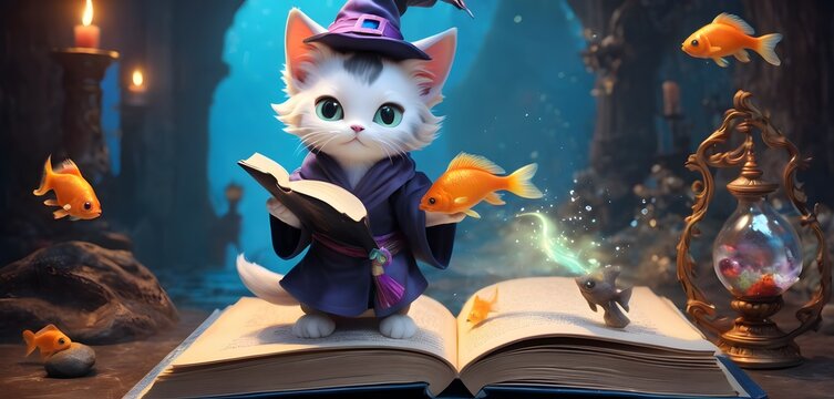 A charming kitten dons a wizard's hat while perusing a magical tome, surrounded by floating fish and mystical artifacts in a cozy, enchanted library. This whimsical scene captures the imagination and