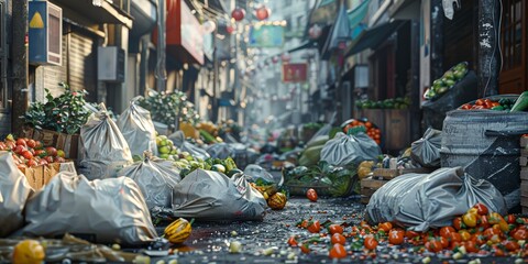 Post-market street scene with scattered produce and garbage bags hinting at busy day's end