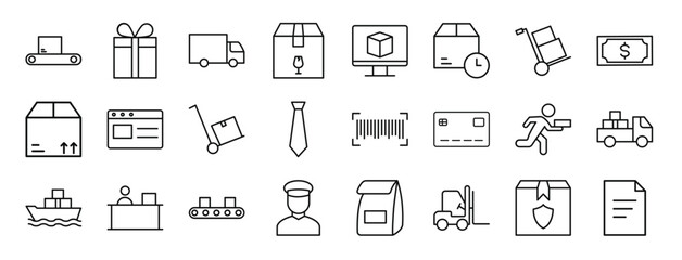 set of 24 outline web logistic delivery icons such as conveyor, gift box, cargo truck, box, lcd, package, trolley vector icons for report, presentation, diagram, web design, mobile app - obrazy, fototapety, plakaty