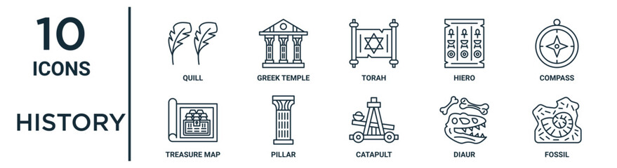 history outline icon set includes thin line quill, torah, compass, pillar, diaur, fossil, treasure map icons for report, presentation, diagram, web design - obrazy, fototapety, plakaty