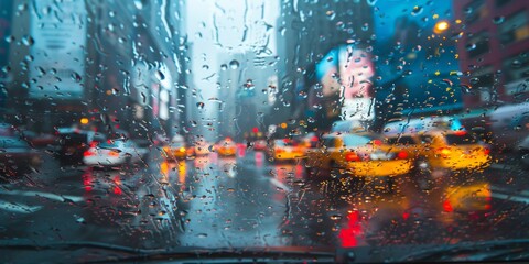 View through rain-streaked windshield in city, urban life captured in a moment of reflection