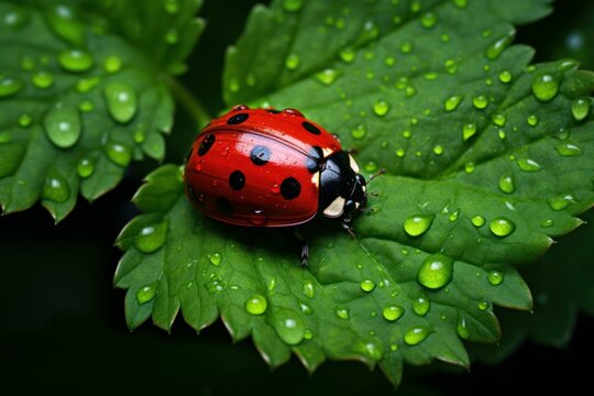 Red ladybug green leaf nature. Season insect. Generate Ai
