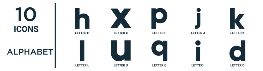alphabet outline icon set includes thin line letter h, letter p, letter k, u, i, d, l icons for report, presentation, diagram, web design - obrazy, fototapety, plakaty