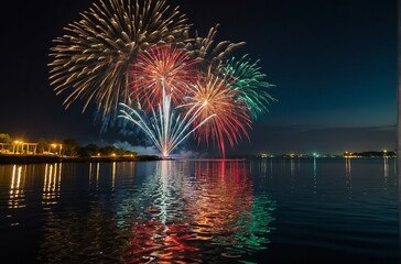 Colorful Fireworks Reflection over Calm Lake at Twilight