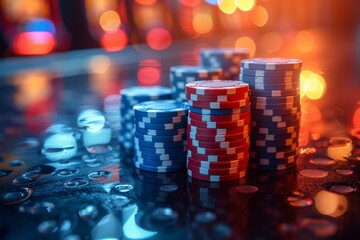 A neon-lit cityscape serves as the backdrop for a pile of poker chips, hinting at the allure of the gambling house and the potential for a refreshing soft drink to accompany a night of high-stakes ga - obrazy, fototapety, plakaty