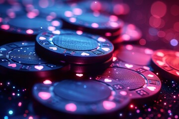 Glittering chips of chance and possibility, illuminated by a soft rose glow, beckoning players to test their luck and skill in the game of poker - obrazy, fototapety, plakaty