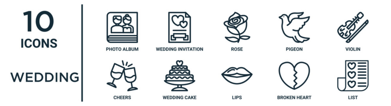 wedding outline icon set includes thin line photo album, rose, violin, wedding cake, broken heart, list, cheers icons for report, presentation, diagram, web design