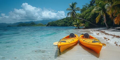 Amidst the tranquil tropics, two vibrant yellow kayaks lay on the sandy beach, ready to transport adventurers through the clear waters while the clouds dance in the sky above and towering trees frame