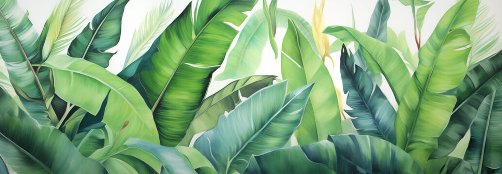 Lots of lush, green banana leaves. Tropical banana leaf pattern, wallpaper suitable for a header or background. 