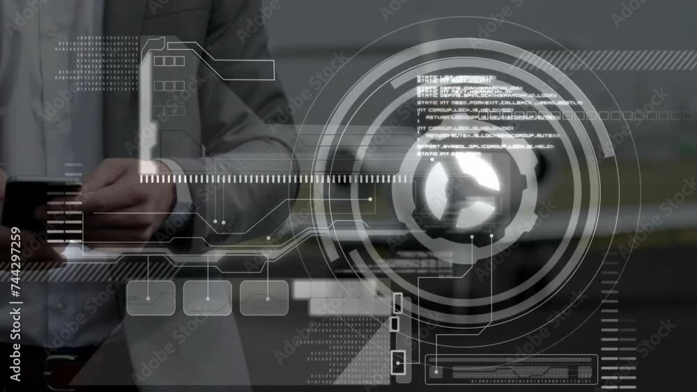 Poster animation of scope scanning with data processing over caucasian businessman using smartphone