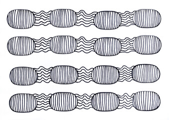 Drawing of ovals and wavy lines in black ink on white paper - 744297261