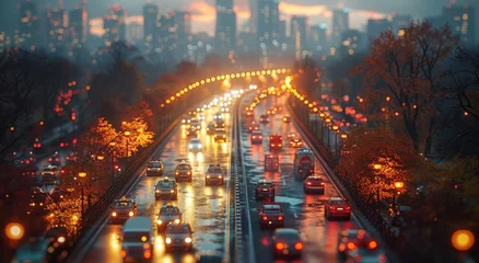 Foto op Canvas Amidst the hazy cityscape, cars move in a synchronized dance under the glowing lights and towering trees on the busy thoroughfare, creating a beautiful yet chaotic scene on the foggy night road © Larisa AI