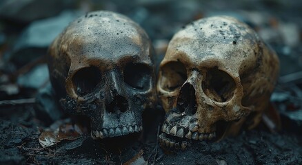 Obraz premium Nature's remnants rest upon the rocky terrain, two animal skulls serve as a haunting reminder of life's fragility and the beauty of decay