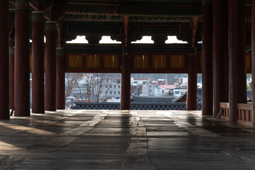 The hall interior of a traditional Korean building