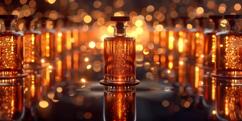 Foto op Plexiglas Sleek amber bottles on a reflective bar counter in ambient lighting © maniacvector