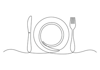 Knife, fork, and plate single continuous line drawing. Decoration for cafe or kitchen restaurant. Vector illustration. Free vector
