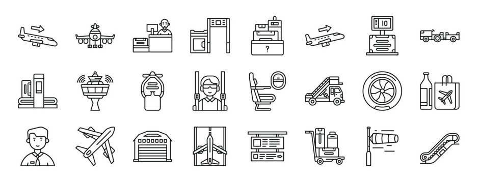 set of 24 outline web airport icons such as landing, airplane, check in, security, lost and found, take off, luggage vector icons for report, presentation, diagram, web design, mobile app