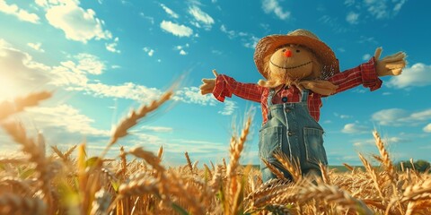 Friendly scarecrow in red plaid shirt standing guard over golden wheat fields under blue sky - obrazy, fototapety, plakaty