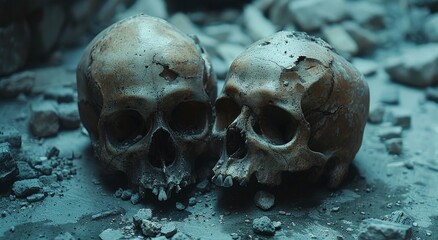 Two mammal skulls lay atop a jagged pile of rocks, their bleached bones blending into the rugged landscape, evoking thoughts of life and death - obrazy, fototapety, plakaty