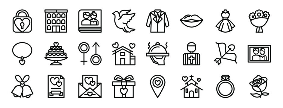 set of 24 outline web wedding icons such as heart lock, hotel, photo album, pigeon, suit, lips, dress vector icons for report, presentation, diagram, web design, mobile app