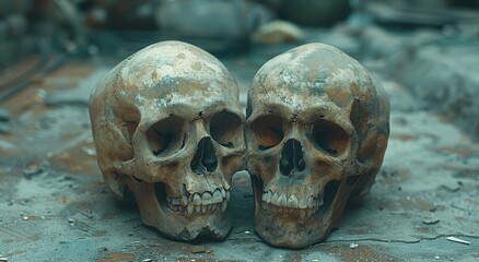 Two lifeless skulls lie abandoned on the barren ground, their bleached bones blending in with the rugged rocks as a somber reminder of the circle of life and the inevitable fate of all creatures, no 