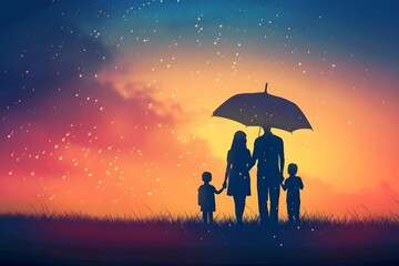 Father mother and two kids under one umbrella - obrazy, fototapety, plakaty