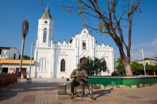 ARACATACA, COLOMBIA - FEBRUARY 1, 2024: Monument in honor to the Colombian Nobel Prize of literature Gabriel Garcia Marquez at the central square of his birthplace, the small town of Aracataca