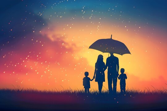 Father mother and two kids under one umbrella