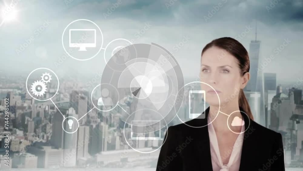 Poster animation of data processing with scope and icons over caucasian businesswoman and cityscape