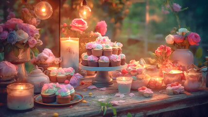 Delicious cake with flowers, candles and cupcakes on a dining table