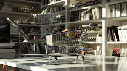 White desk on the laptop on the shopping cart, shopping page, e-commerce shopping, online shopping transportation 