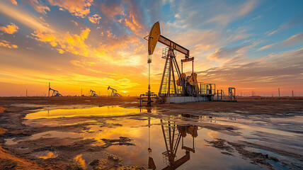 an oil pumpjack in operation against a sunset, fuel oil industry