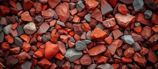 A creative background featuring a pile of small red and gray rocks, resembling vintage granite gravel.