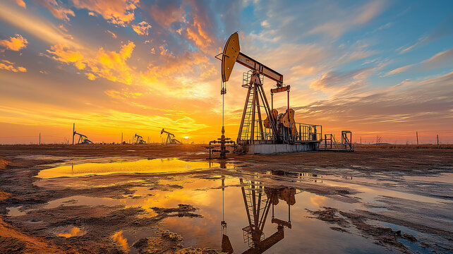 an oil pumpjack in operation against a sunset, fuel oil industry - Powered by Adobe