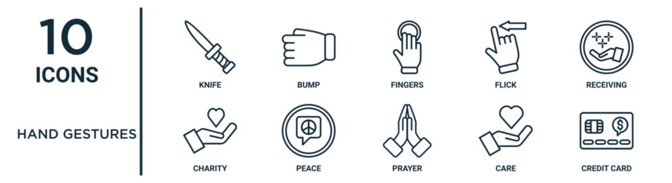 hand gestures outline icon set includes thin line knife, fingers, receiving, peace, care, credit card, charity icons for report, presentation, diagram, web design