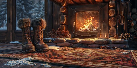 Cozy leather boots by warm fireplace with ornate rug, embodying comfort and rustic charm - obrazy, fototapety, plakaty